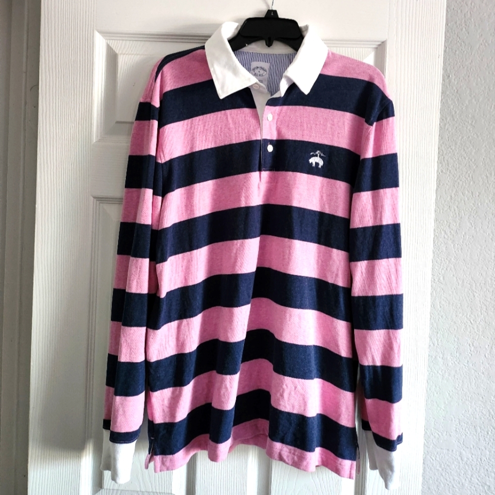 Brooks Brothers Pink and Navy Striped Long Sleeve Polo Shirt